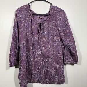 Loft XL Purple Paisley Boho Print Tie Neck 3/4 Sleeve Blouse Vintage‎ Inspired